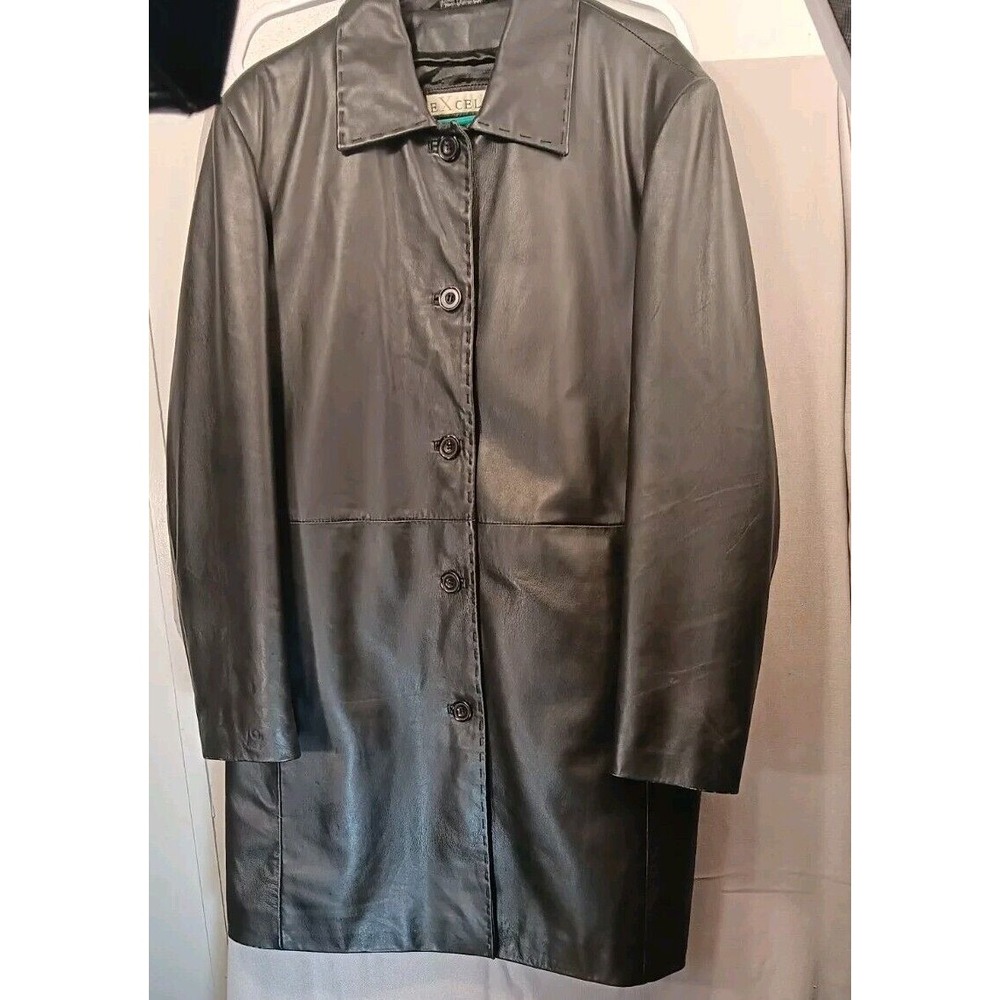 EXCELLED leather jacket vintage black Ladies Long Button Up Sz XL No Zip In Lini